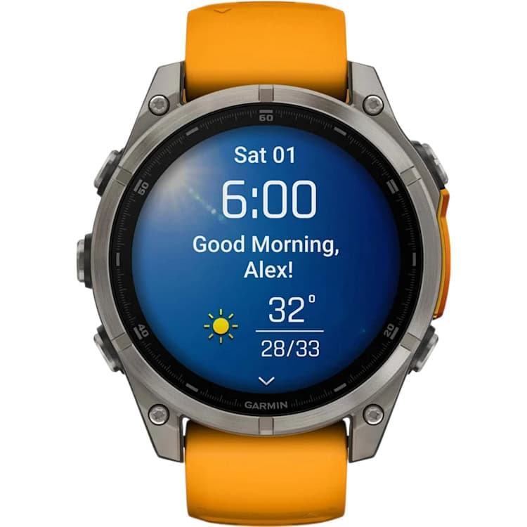 Смарт-часы Garmin Fenix 8 Amoled - 47 mm Sapphire, Титановый светло-серый, оранжевый силиконовый ремешок - фото 2