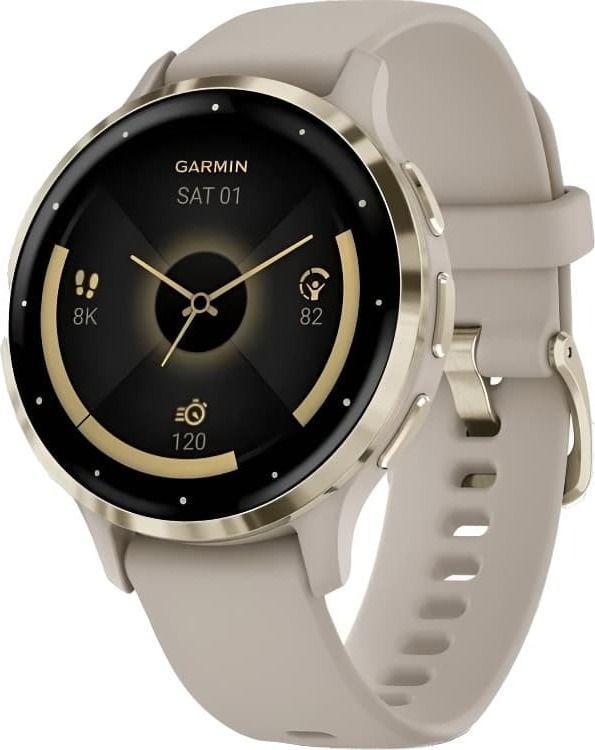 Смарт-часы Garmin Venu 3S - 41 mm, цвет "Французский серый" с золотистым безелем, бежевый ремешок