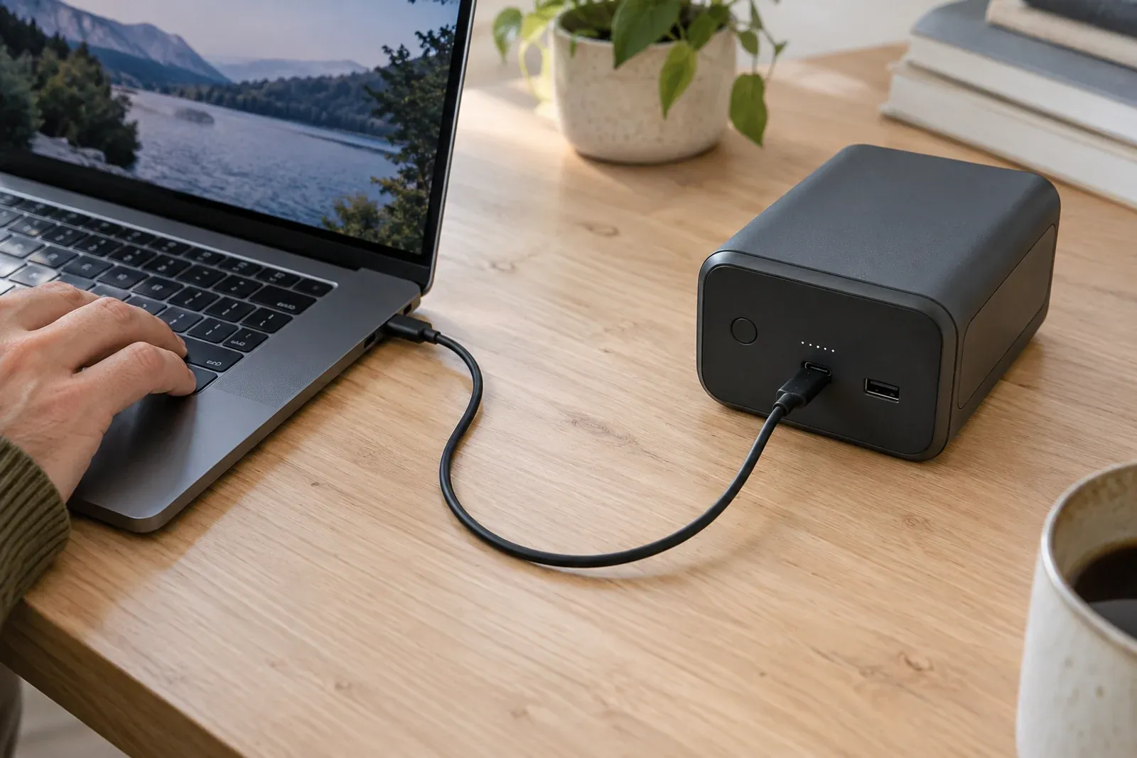 Иллюстрация: прямой USB-C кабель между ноутбуком и аккумуляторной станцией